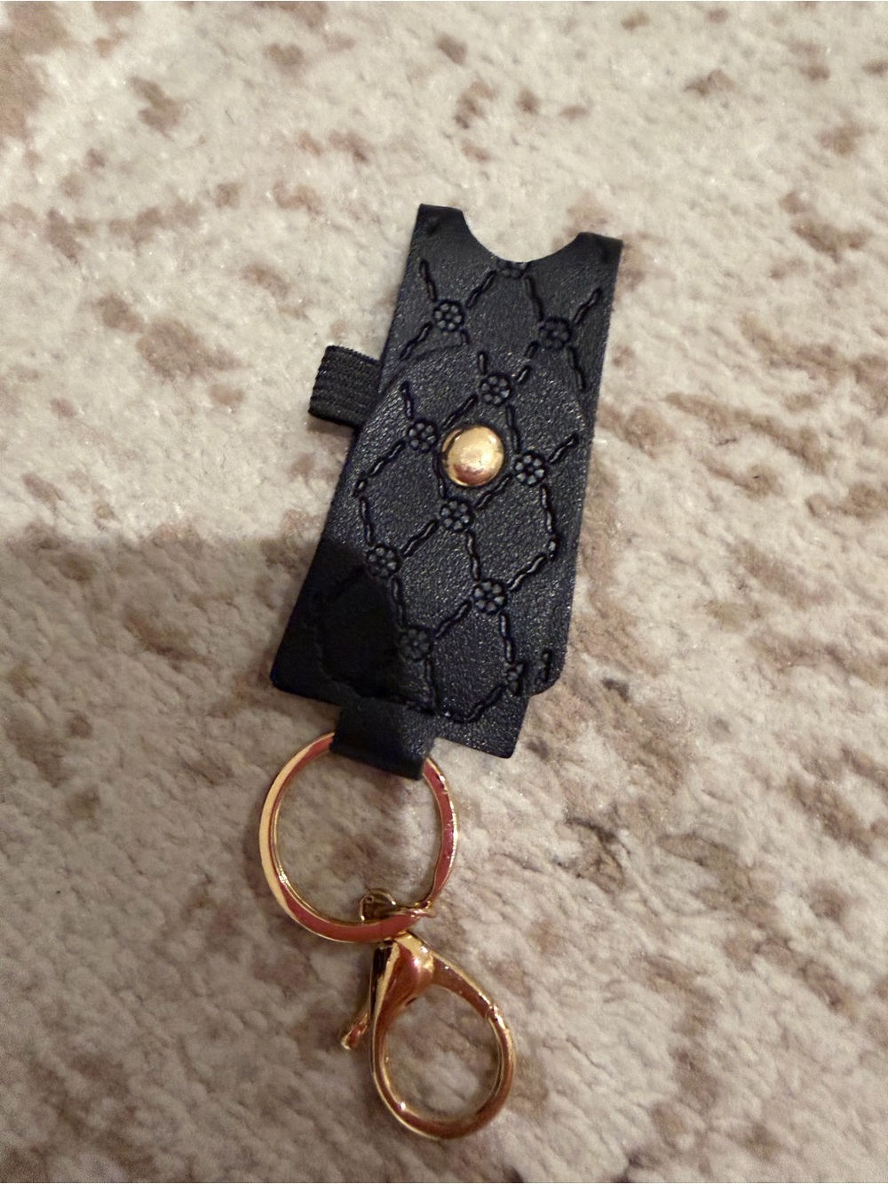 Black Textured Leather Key Fob with Gold Hardware for hand sanitizer